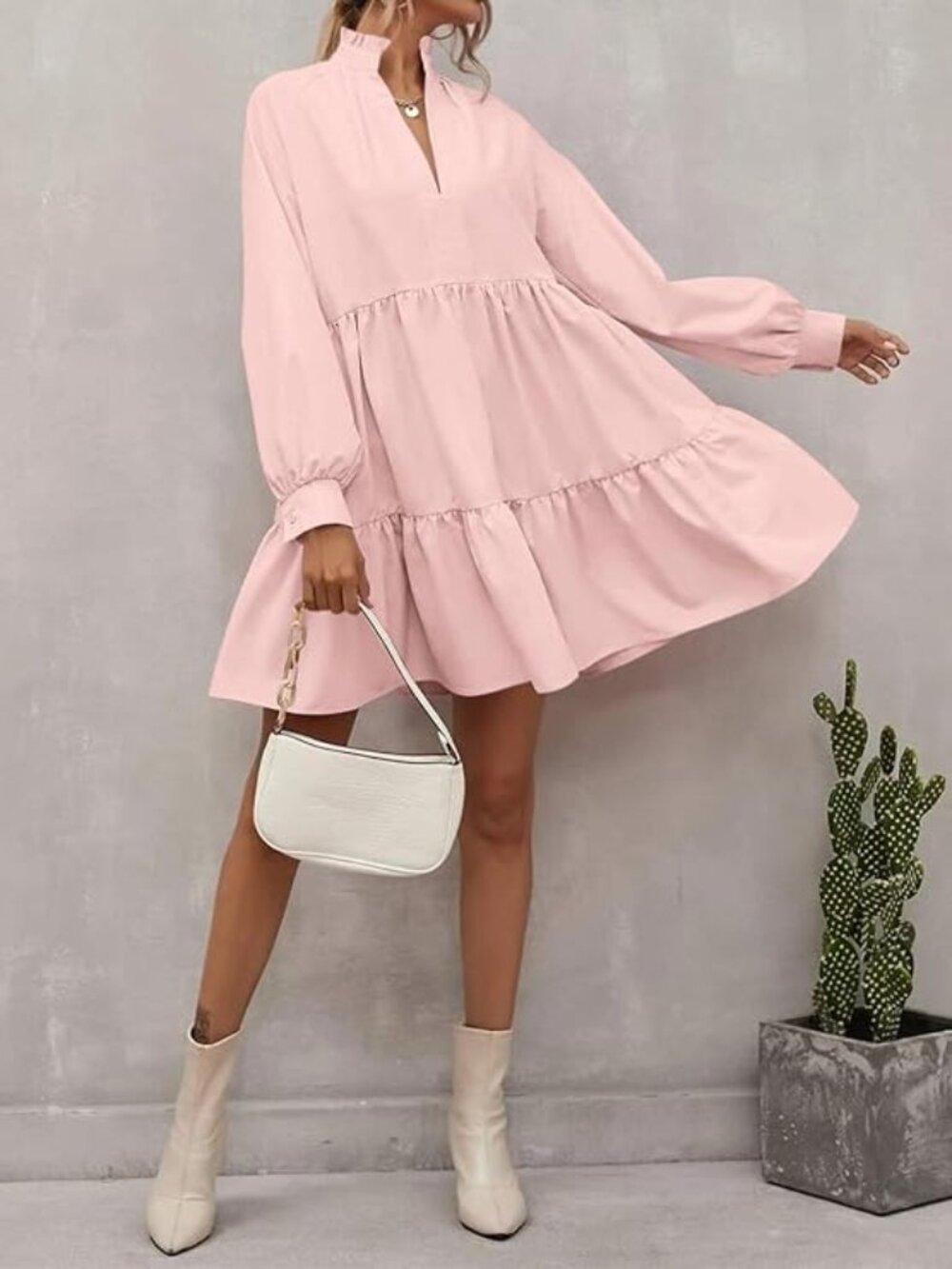 Women's Fall Tunic V Neck Long Sleeve Swing Shift Loose Fit Ruffled Dress